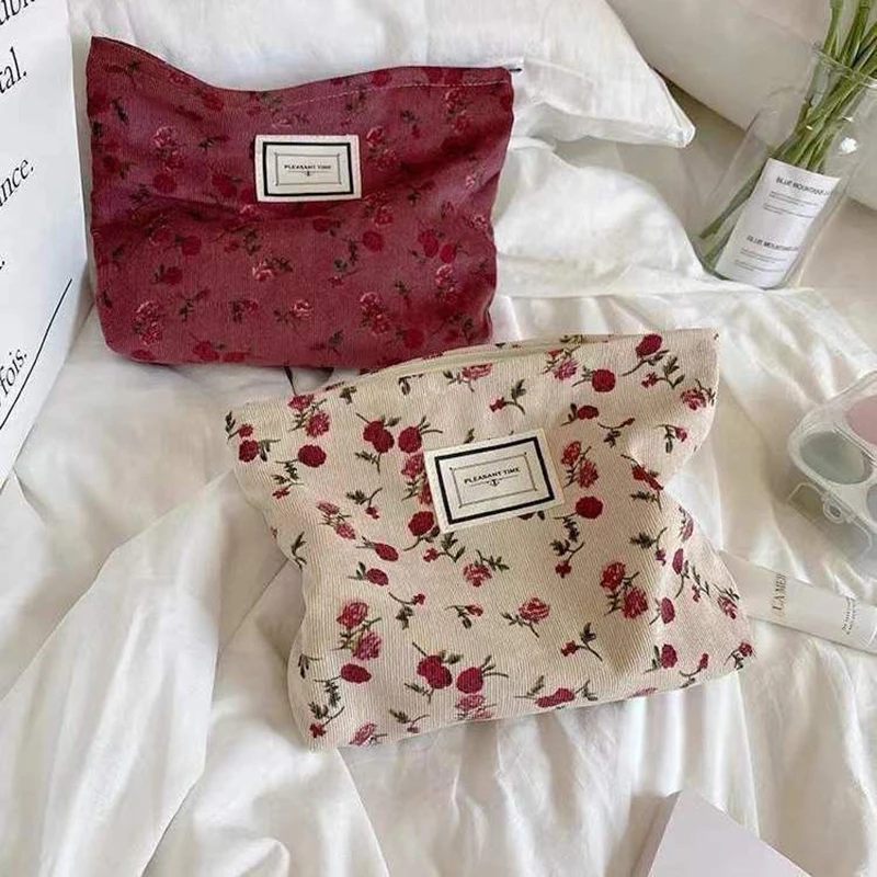 Sac à cosmétiques en velours côtelé pour femmes, pochette à fleurs, trousse de beauté, trousse de toilette mignonne, grands sacs d'évaluation de maquillage, poudres cosmétiques coréennes