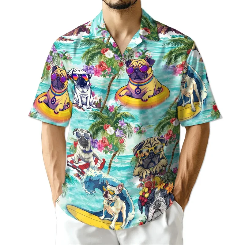 

Cute Funny Retro Flowers And Animal 3D Print Hawaiian Shirt For Men Loose Breathable Lapel Short Sleeve Holiday Leisure Shirt