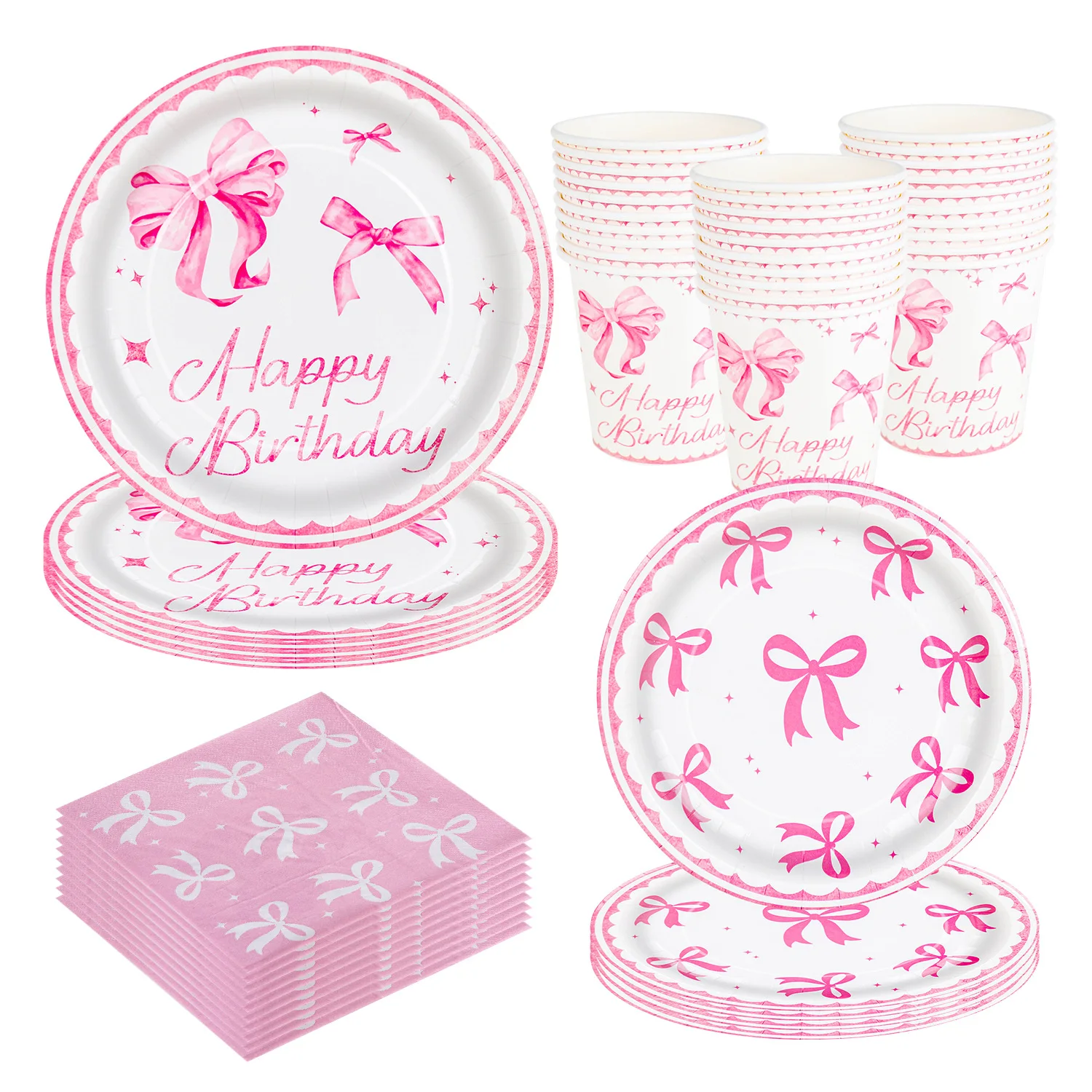 Rosa Schleifen-Party-Teller, Becher, Servietten – Einweggeschirr für Geburtstagsdekorationen, Babypartys, Mädchengeschenke, Partyzubehör