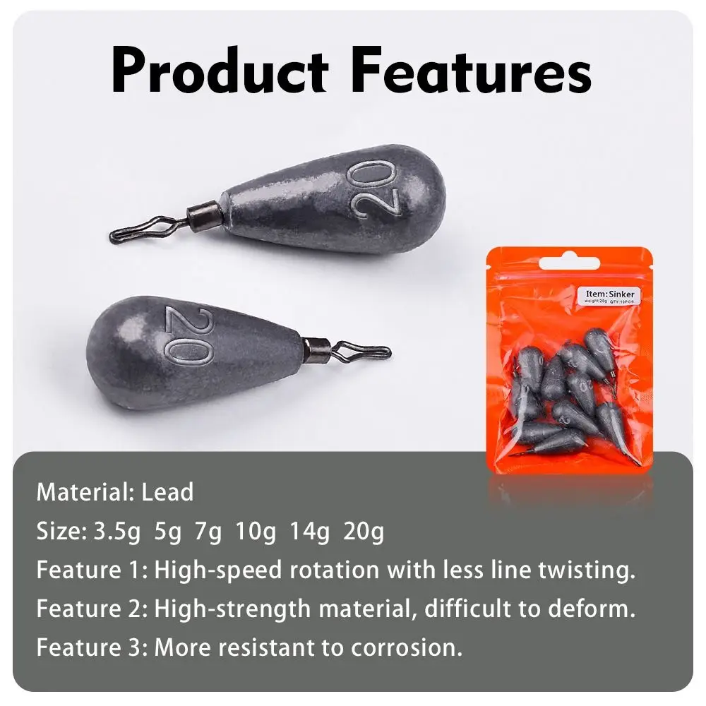 10pcs 3.5/5/7/10/14/20g Twist Ring Lead Pendant Metal Jig Drop-shaped Fishing Weight Sinker Streamline Sea Tackle Kit Fishing