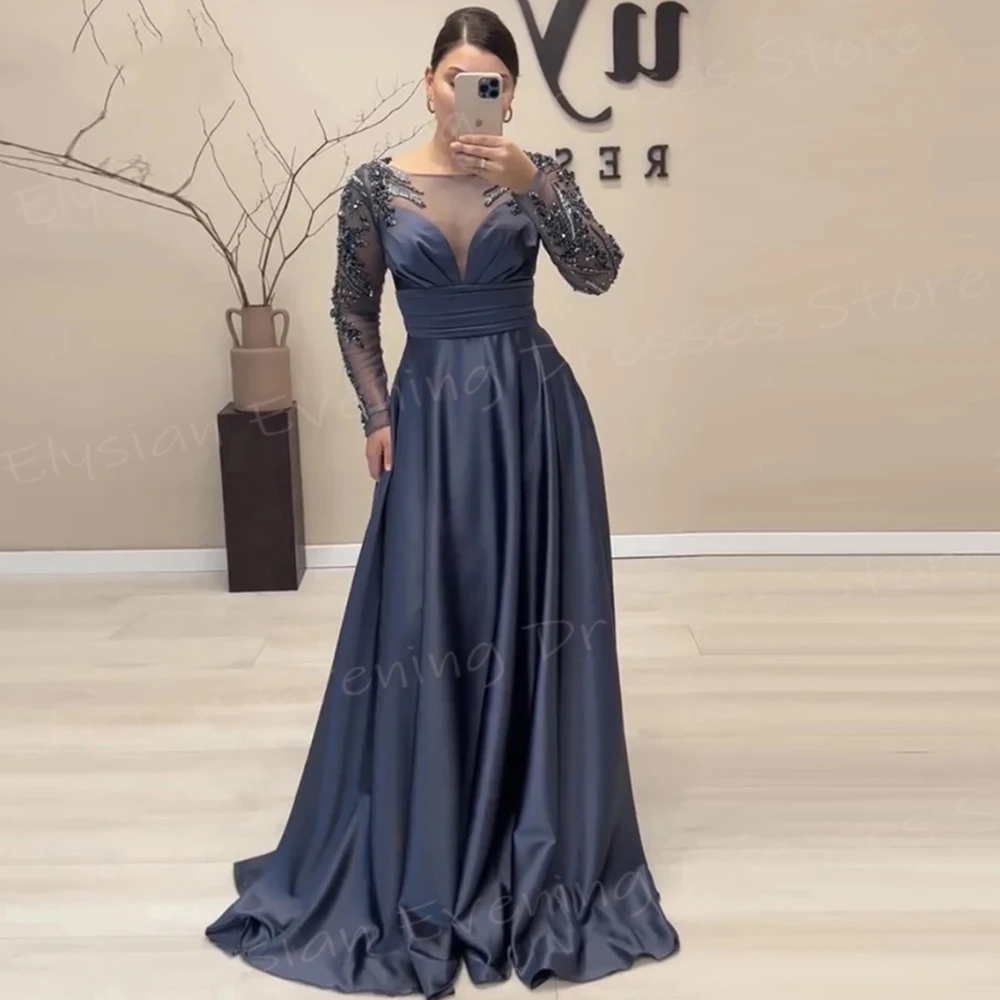 Modern Generous A Line Women's Evening Dresses Charming Appliques Prom Gowns Classic O Neck Long Sleeve Ruched Vestido De Noche