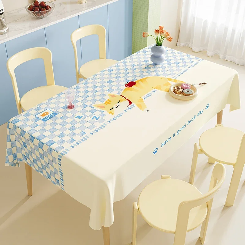 Cartoon Cat Patchwork Print Pvc Tablecloth Cute Waterproof Dining Table Mat for Living Room 2026 Aesthetic Anti-Stain Room Decor