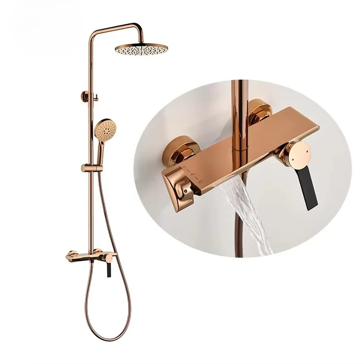 

Single-Handle Exposed Rose Gold Brass Classic Hotel Apartment Slide Bar Soft Bathroom Shower Set