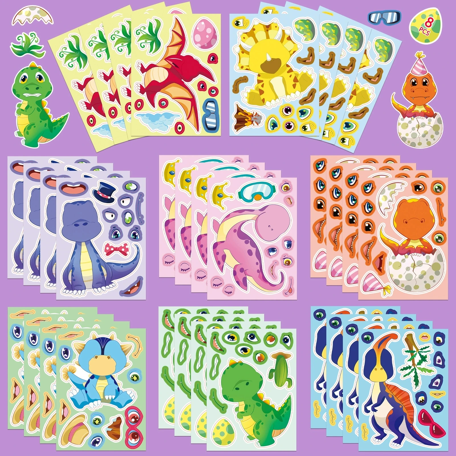 8/16/24 PCS Cute Cartoon Dinosaur Stickers Make a Face DIY Waterproof Stationery Phone Decals for Party Favor Gift