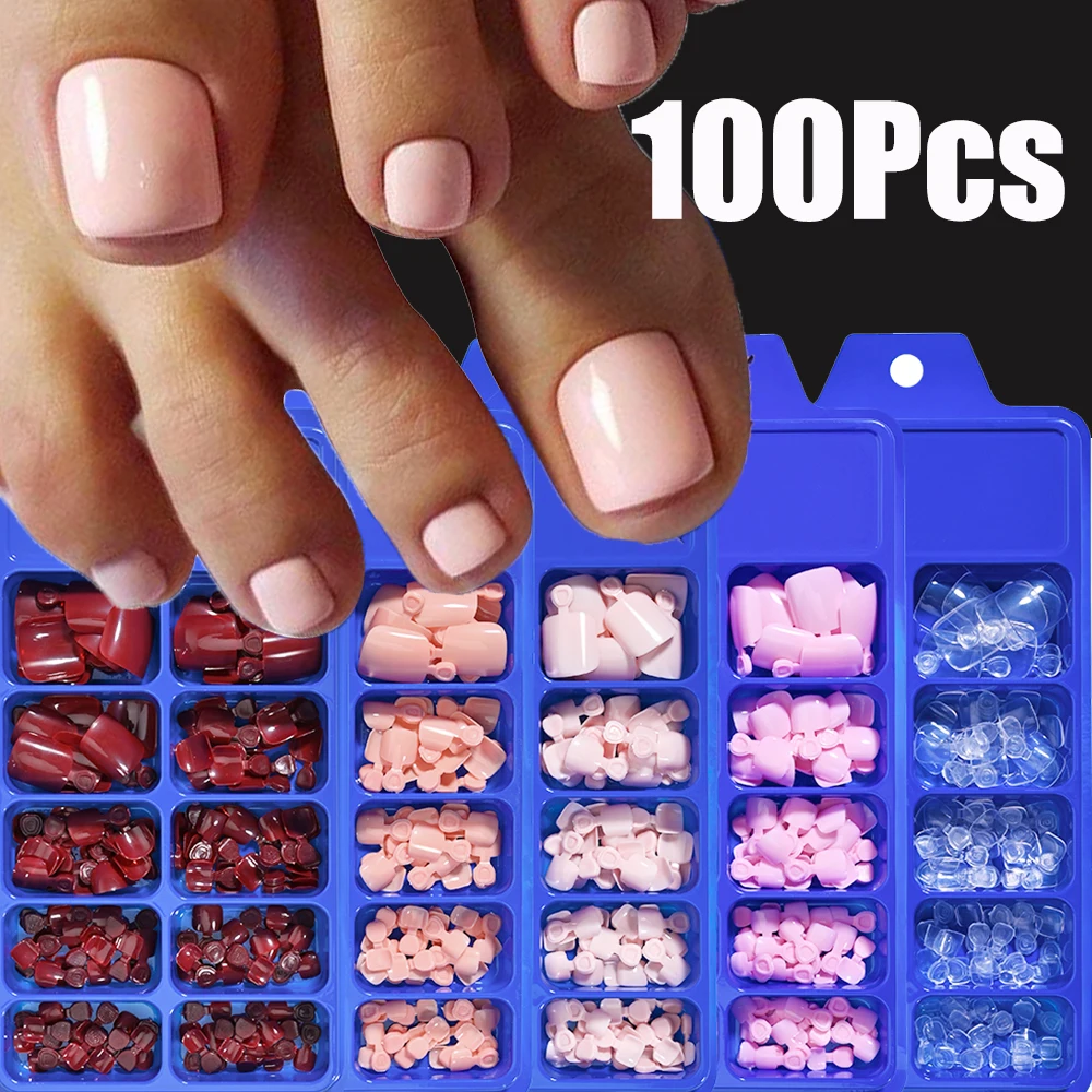 100Pcs/Box Solid False Toenails Nail Art White/Pink/Red Acrylic ToeNails Nail Tips Press On Toenails Full-Cover ToeNails Tips