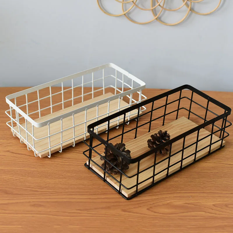 Metal Wire Basket, Decorative Wood Base Organizer for Bathroom, Kitchen, Basket for Toilet Paper Storage, Sugar Packet, Coffee