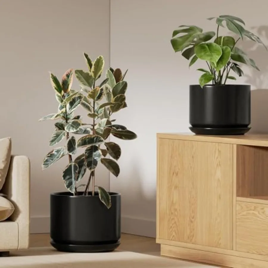 

Ceramic plant pots set of 2 10 + 12 inch black with drainage holes and saucers durable and stylish for indoor plants elevates h