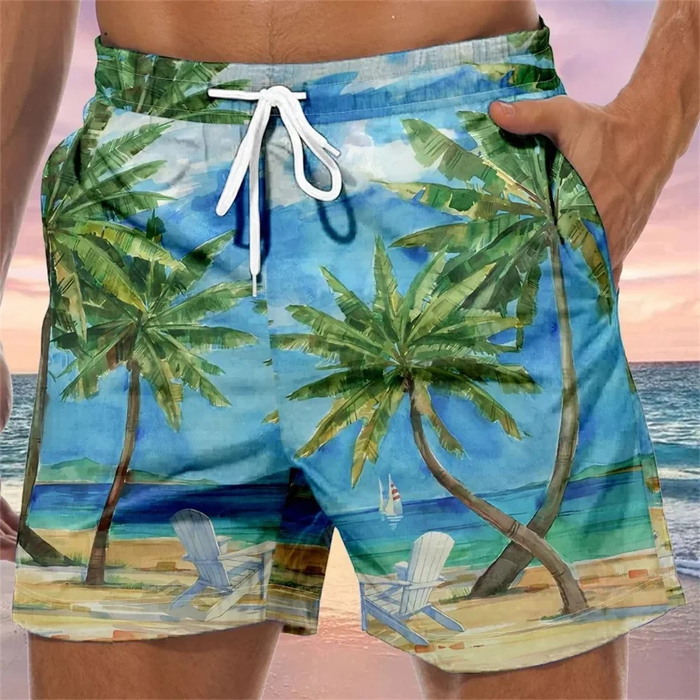 

Тропические летние мужские шорты для доски с принтом пальмы, шорты для плавания и серфинга на шнурке, модные дышащие шорты с 3D принтом