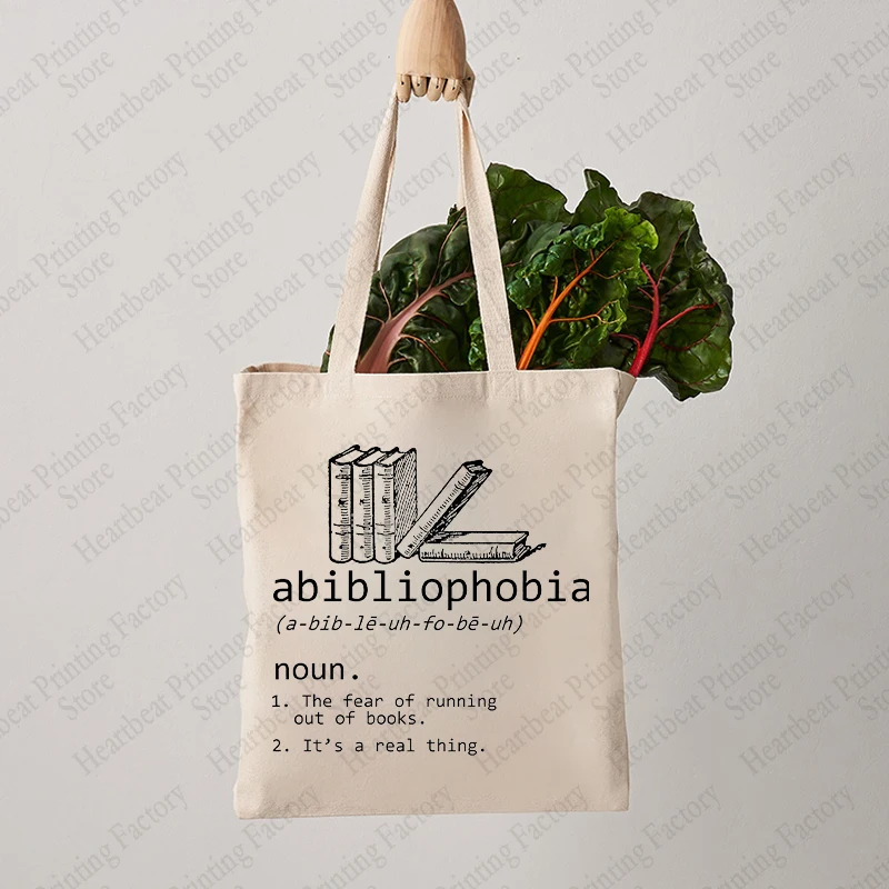 Abibliophobia Pattern Tote Bag Canvas Shoulder Bag for Book Lover Reader Gift Women's Reusable Shopping Bags Bookworm Gifts