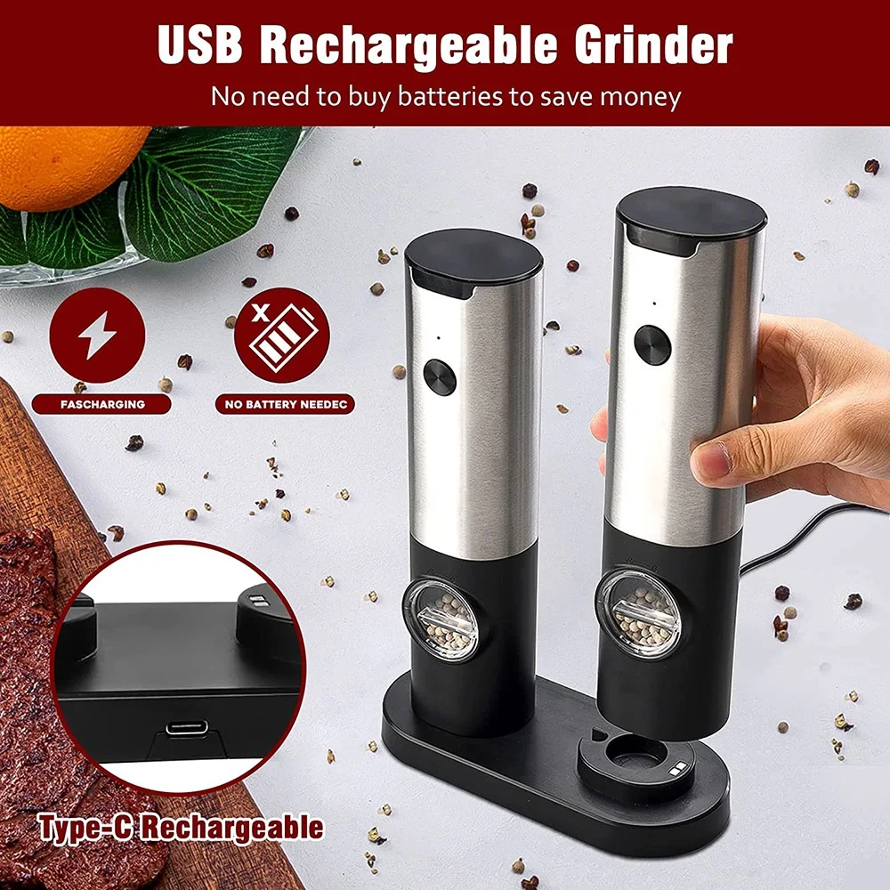 Rechargeable Electric Salt And Pepper Grinder Set with Charging Base Stainless Steel Automatic Salt Pepper Grinder Spice Mill