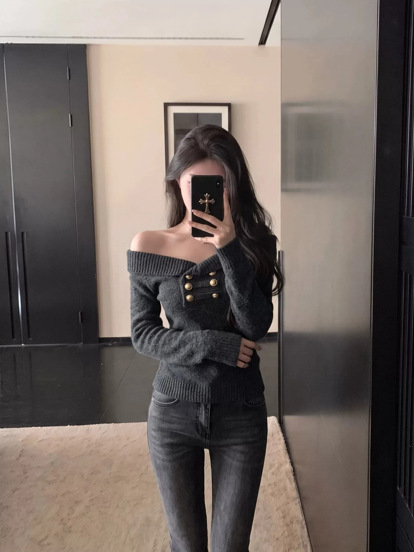 Gray Long Sleeve Knitted Shoulder Bared Women's Top Korean Style Autumn Fashion High Waist Slim Fit Knitted Sweater for Ladies