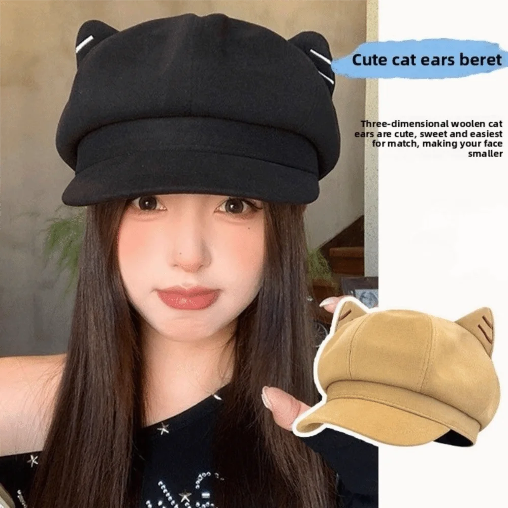 

Fashion Solid Color Cat Ear Hat Woolen Japanese Style British Beret Hat Adjustment Y2K Octagonal Cap Artist