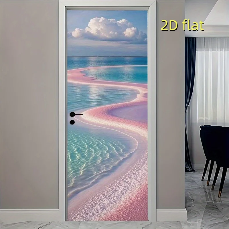 1 pair of pink beach sea view 2D flat self-adhesive door stickers, made of vinyl material, suitable for bedroom, living room, an