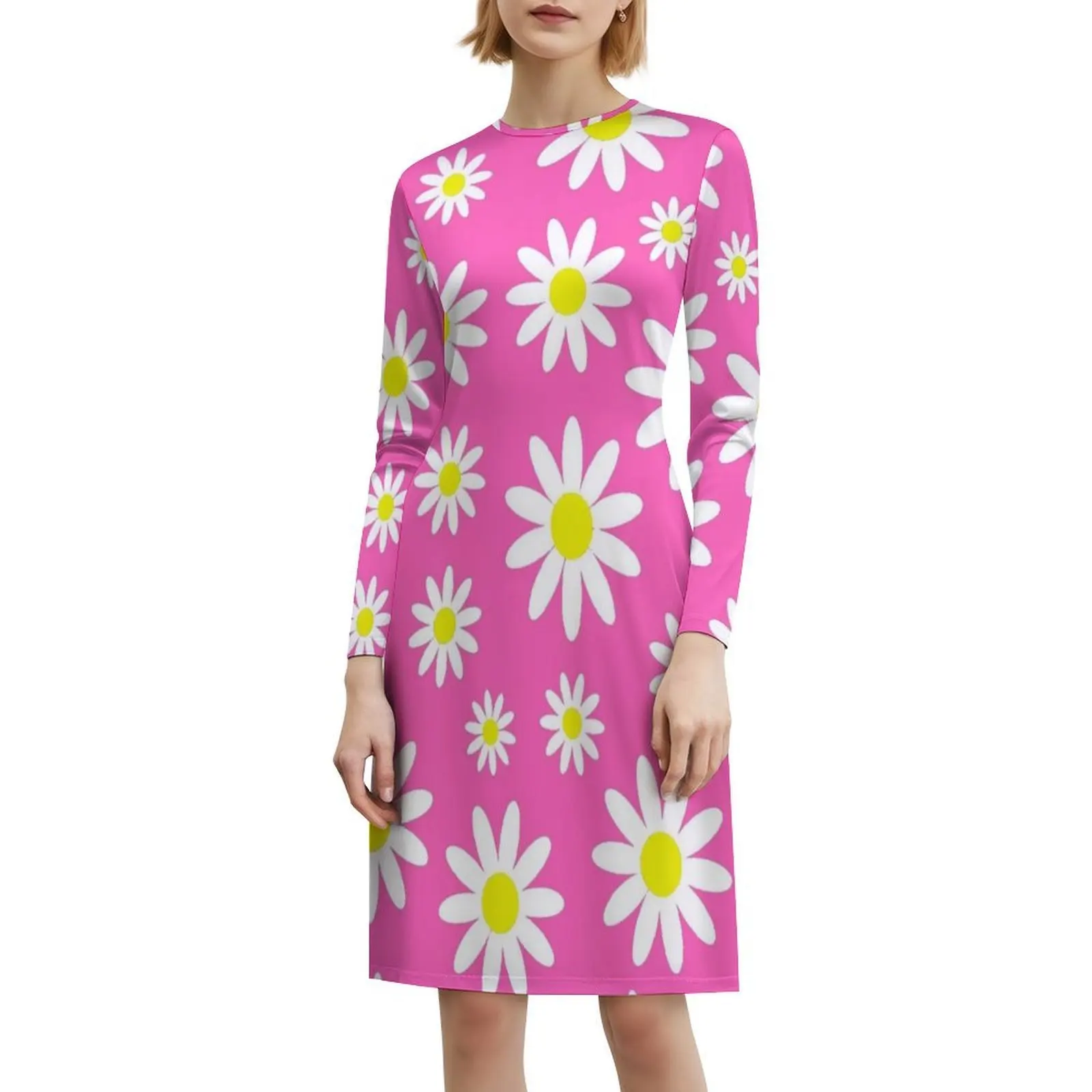 الوردي الإقحوانات ديزي الأزهار البوهيمي فستان بلا أكمام متعدد طباعة شاطئ عطلة فستان الحفلات الوردي الإقحوان ديزي الأزهار ديزي