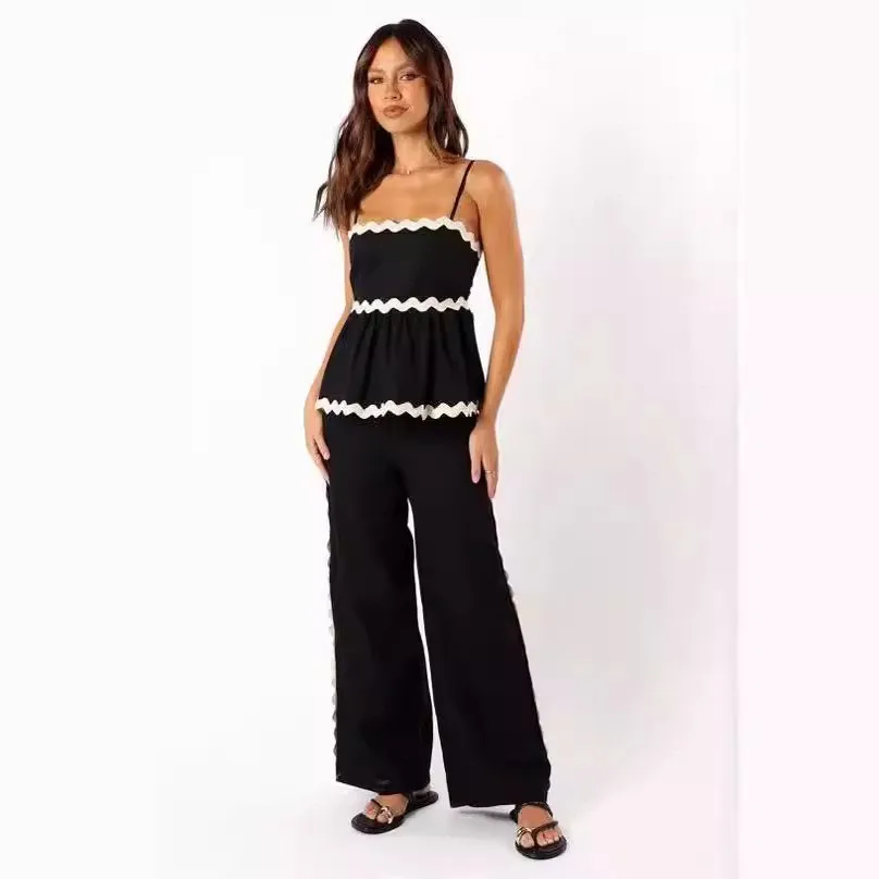 Ruffle Sling Top Two Piece Set Women Elegant Stripe Sleeveless Tops Wide Leg Pants Female Suit Summer High Waist Pants Suits Y2k