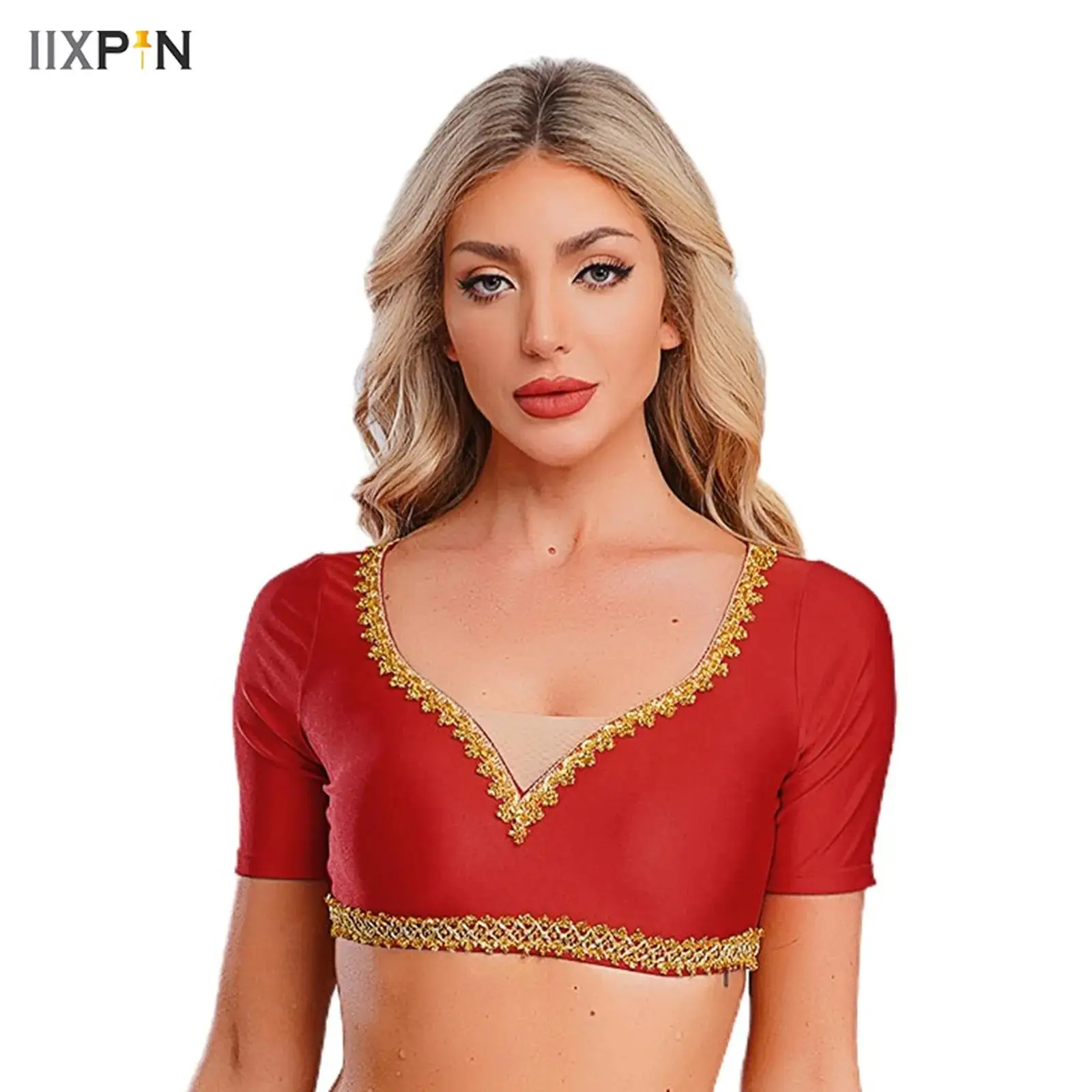 

Womens Belly Dance Crop Top Gold Trim V Neck Short Sleeve Slim-fit Crop Blouse Tops for India Dance Folk Dance Ballroom Costume