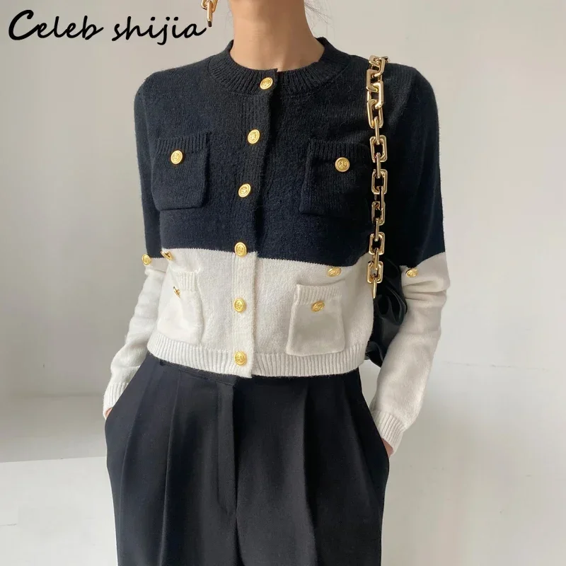 Chic Woolen Cardigan Women Cropped Sweater Spring Golden Button Patchwork Knit Tops Coat Business Elegant Knitwear