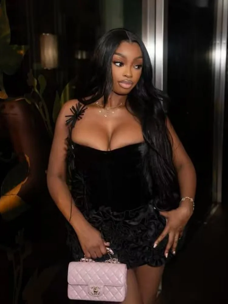 

2025 New Women Celebrity Sexy Sleeveless 3D Flowers Black Bodycon Bandage Dress Elegant Evening Club Party Dress