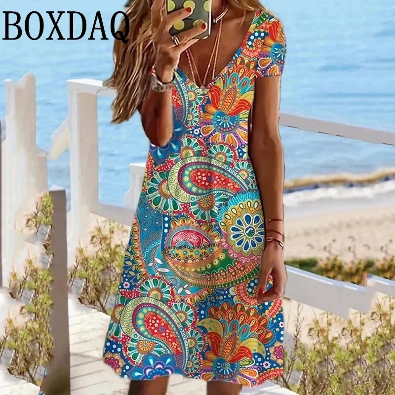 Retro V-Neck Floral 3D Print Dresses Women Vintage Short Sleeve Summer A-Line Elegant Party Dress Ladies Casual Loose Boho Dress