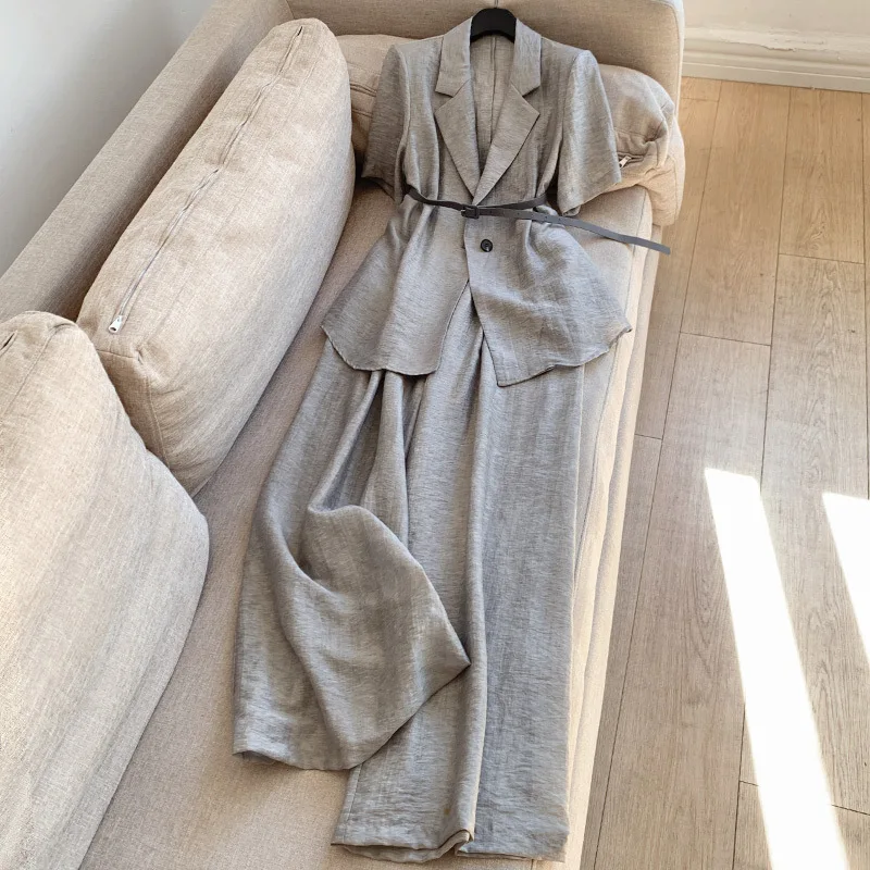 

2024 Summer New Women's Tencel Linen Set Suit+Wide Legged Pants Two Piece Set for a High Level Sense