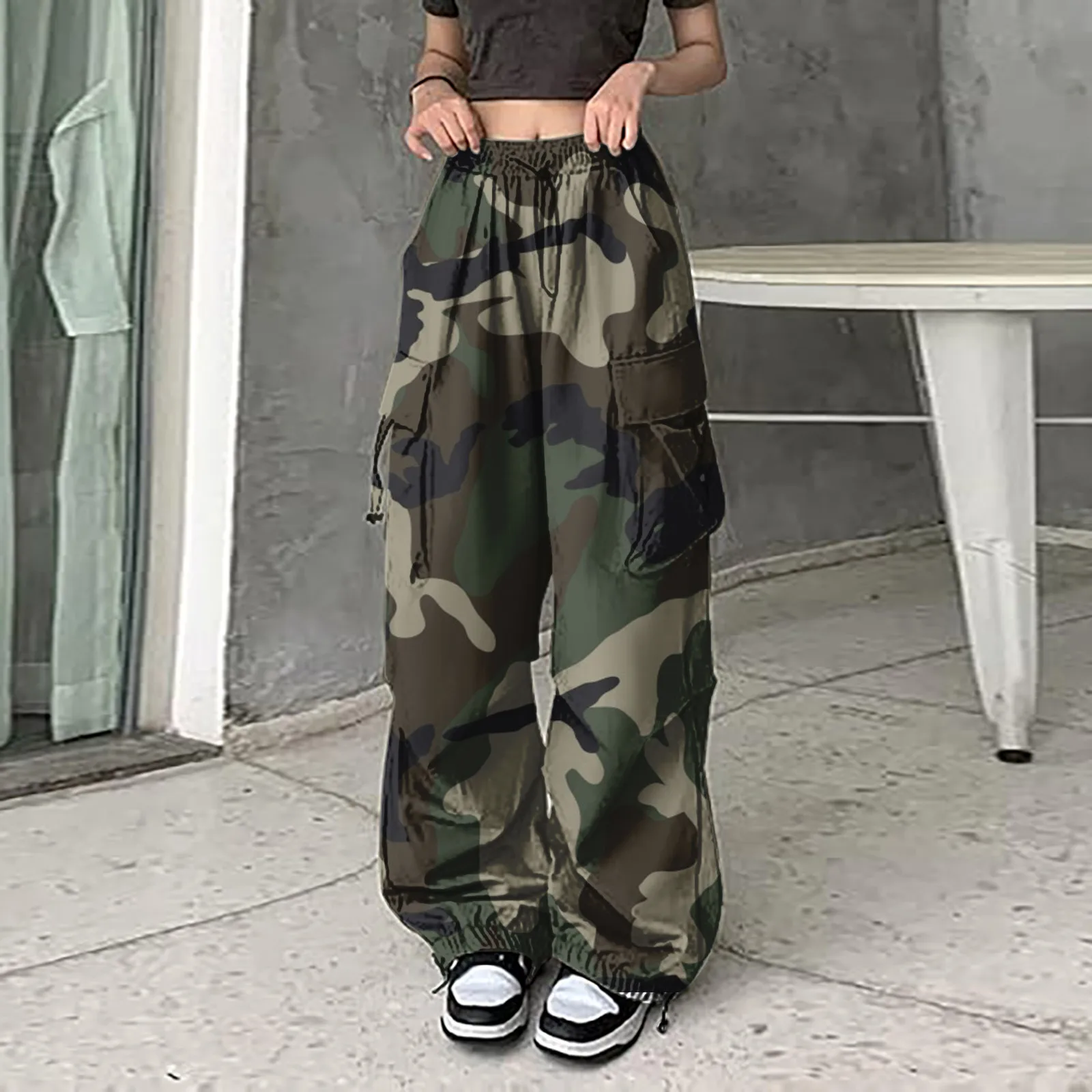 Womens Camouflage Cargo Pants Streetwear Hip Hop Baggy Trousers Casual Drawstring Joggers Pockets Loose Wide Leg Sweatpants