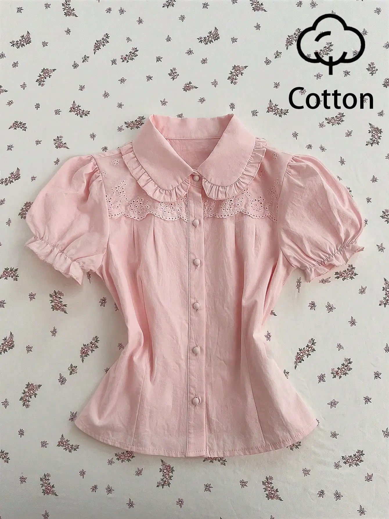 

Women's Regular Fit Peter Pan Collar Puff Sleeve Floral Lace Embroidered Blouse