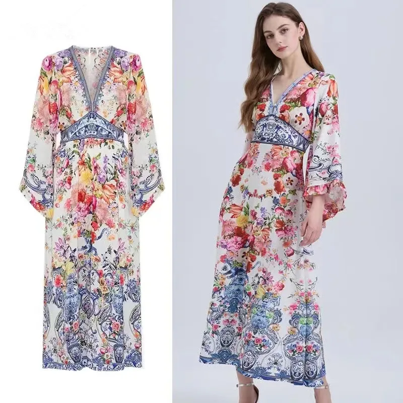 Summer Bohemian Flower Print Holiday Maxi Dress Elegant Women's Deep V Neck Slim High Waist Long Flare Sleeve Linen A Line Robe