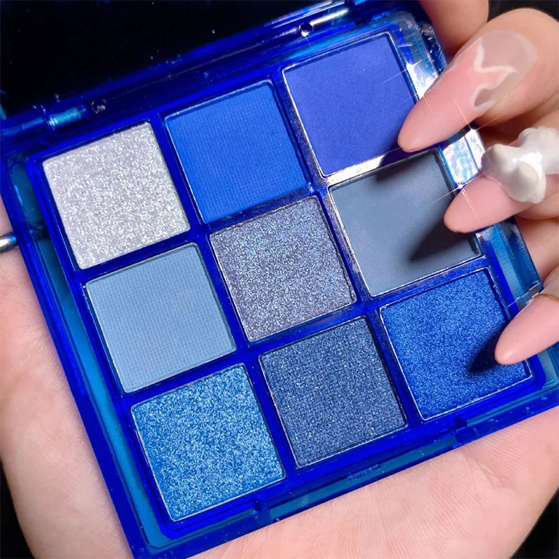 Palette de fards à barrage, 9 couleurs, bleu, maquillage, ombre à barrage, pigments néon, scintillants, scintillants, 256 tons, cool, cosmétique