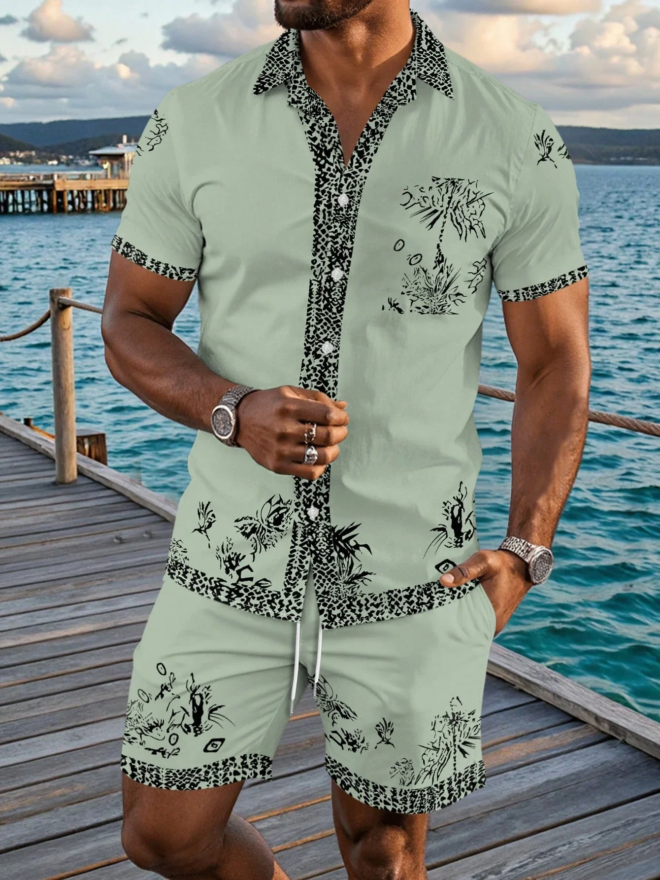 Hawaii Beach Set Men's Clothing Summer Vacation Palm Tree Digital Print Shirt And Shorts Casual 2-piece Suit