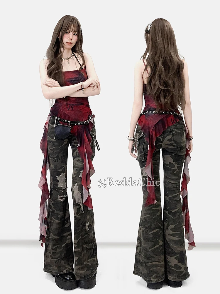 REDDACHiC Dark Punk Ruffle Fringe Top Women Gothic Red Tie Dye Mesh Camisole Sleeveless Vest Night Out Concert Festival Outfit