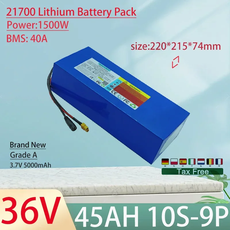 36V 45Ah 21700 10S9P Lithium Ion Battery Pack 1500W Power Tool Batteries Outdoor Backup Batteries With 40A BMS+42V 5A charger