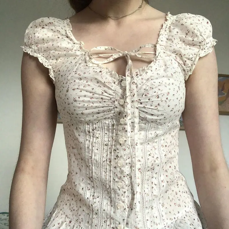 

Onalippa 2025 New French Floral Small Fresh Bubble Short Sleeved Shirt BM Lace Up Breasted Pleated Lightweight Top Women