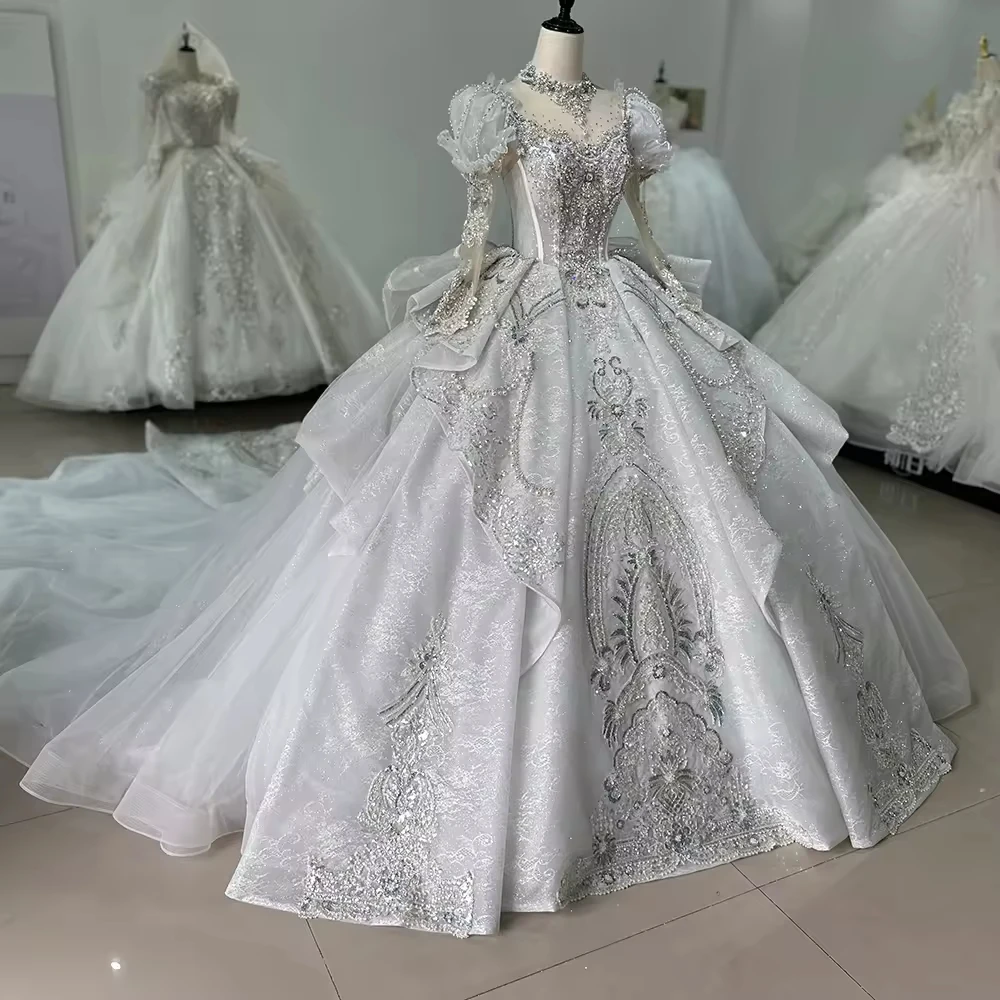 Hochzeitskleid Damen 長袖恋人のウェディングドレス鍵穴バックリボンビーズクリスタル刺繍夜会服のブライダルドレス