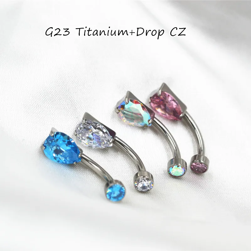 10PCS Body Jewelry-G23 Titanium Drop CZ Smart Navel Belly Button Body Piercing 14Gx10x4/6mm Navel Curve Barbells Belly Rings New