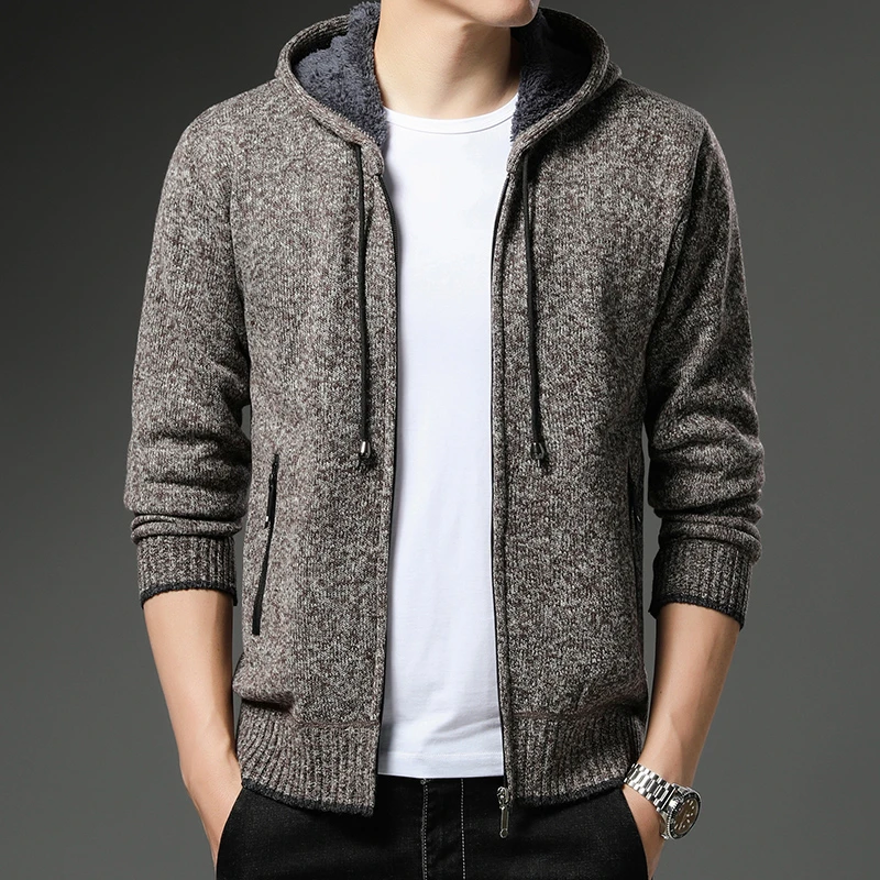 Mens Euro Hooded Cardigan Heavyweight Fleece Lined Knit Sweater Warm Winter Jacket