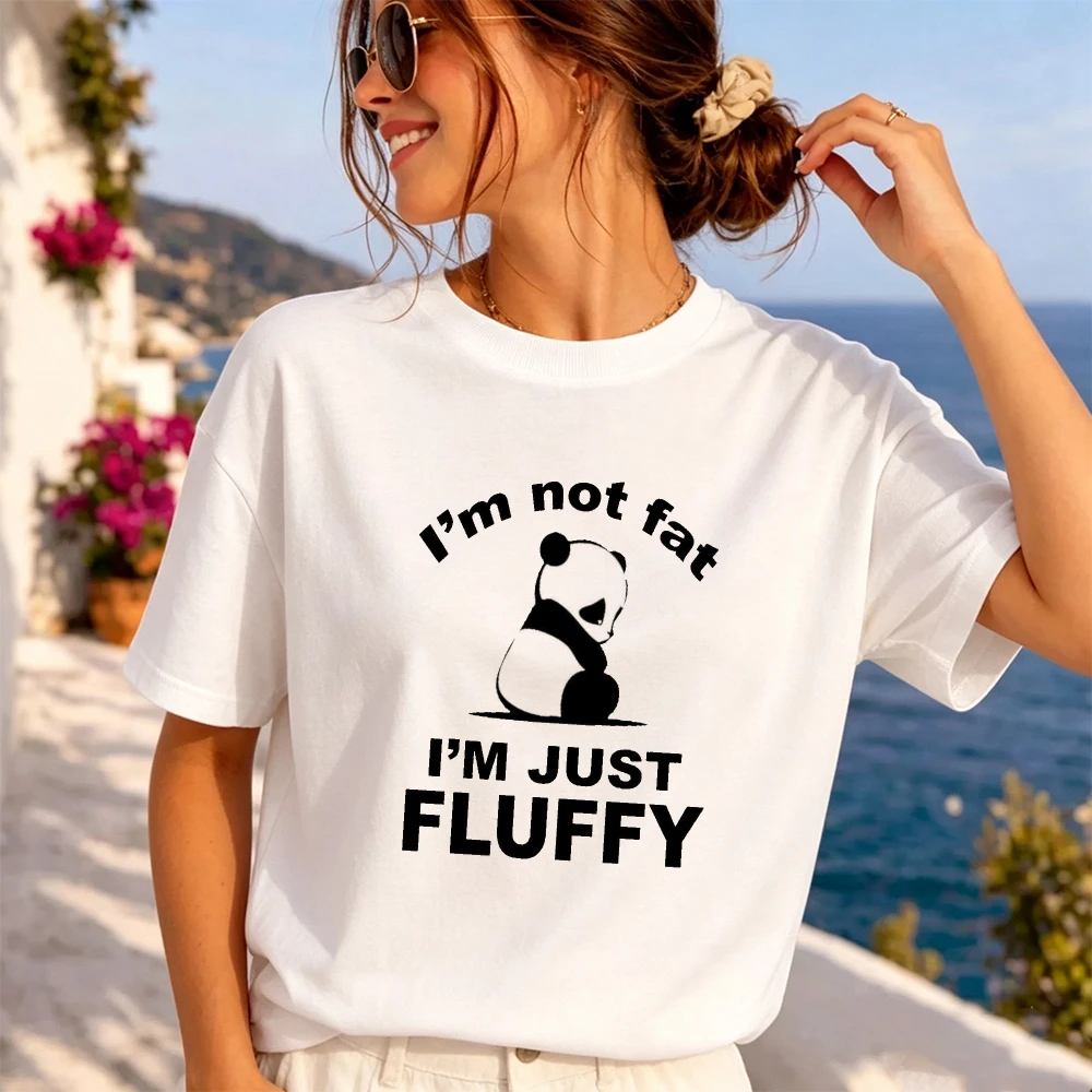 Fluffy Panda Not Fat Quote Women Funny Animal Pun T-Shirt Cute Chubby Cartoon Top Casual Daily Breathable Shirt