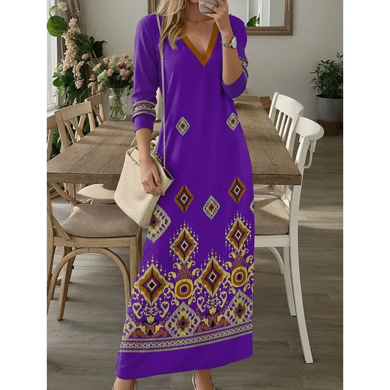 

Spring And Autumn Women's Fashionable Retro Printed V-neck Dresses 2024 Women's Checkered Long Sleeved Casual Long Maxi Vestidos