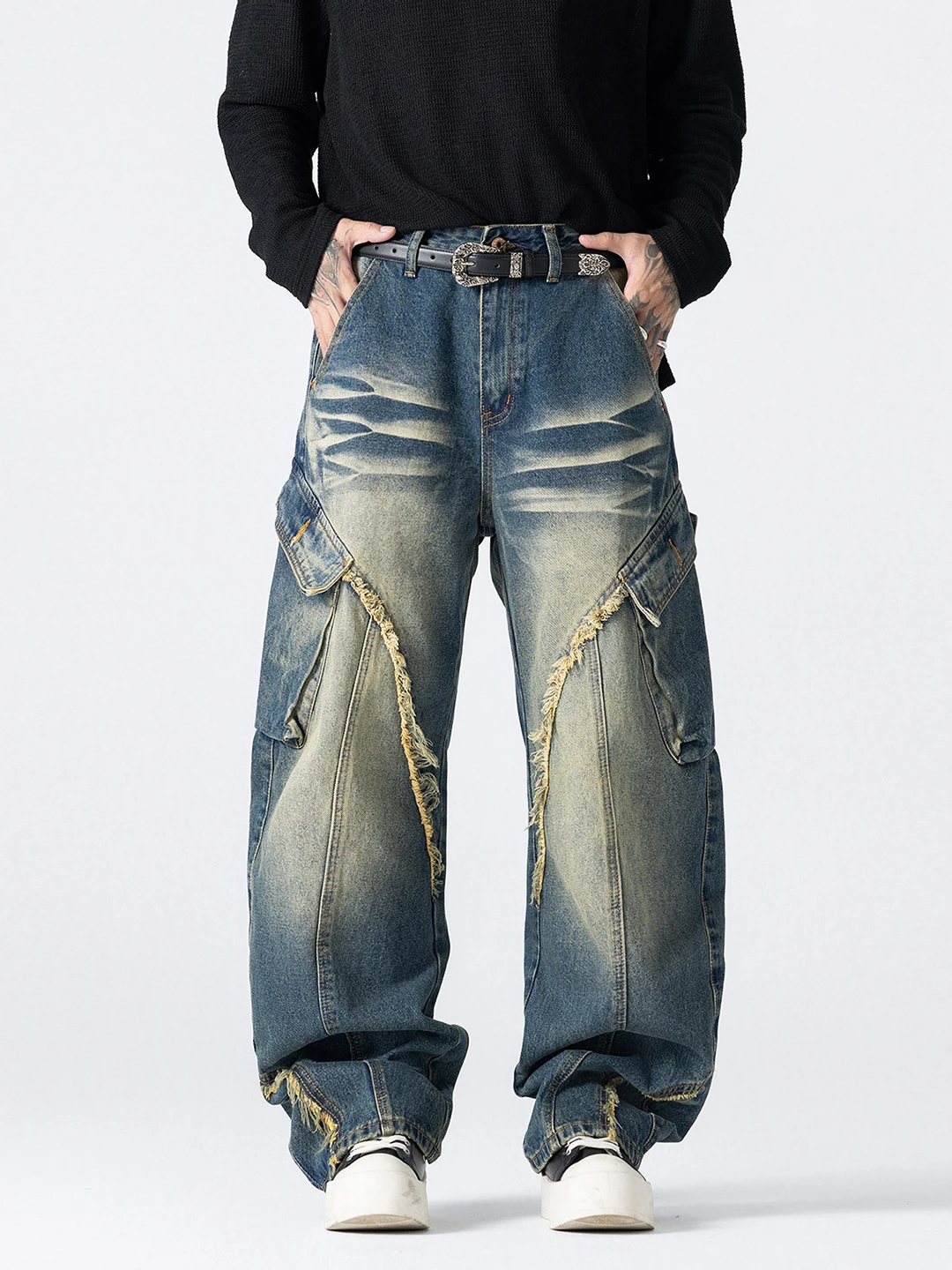 

Мужские джинсы из денима с эффектом потертости и вставками, свободного кроя, широкие штанины, удлиненные, осенние, в американском уличном стиле, класса люкс