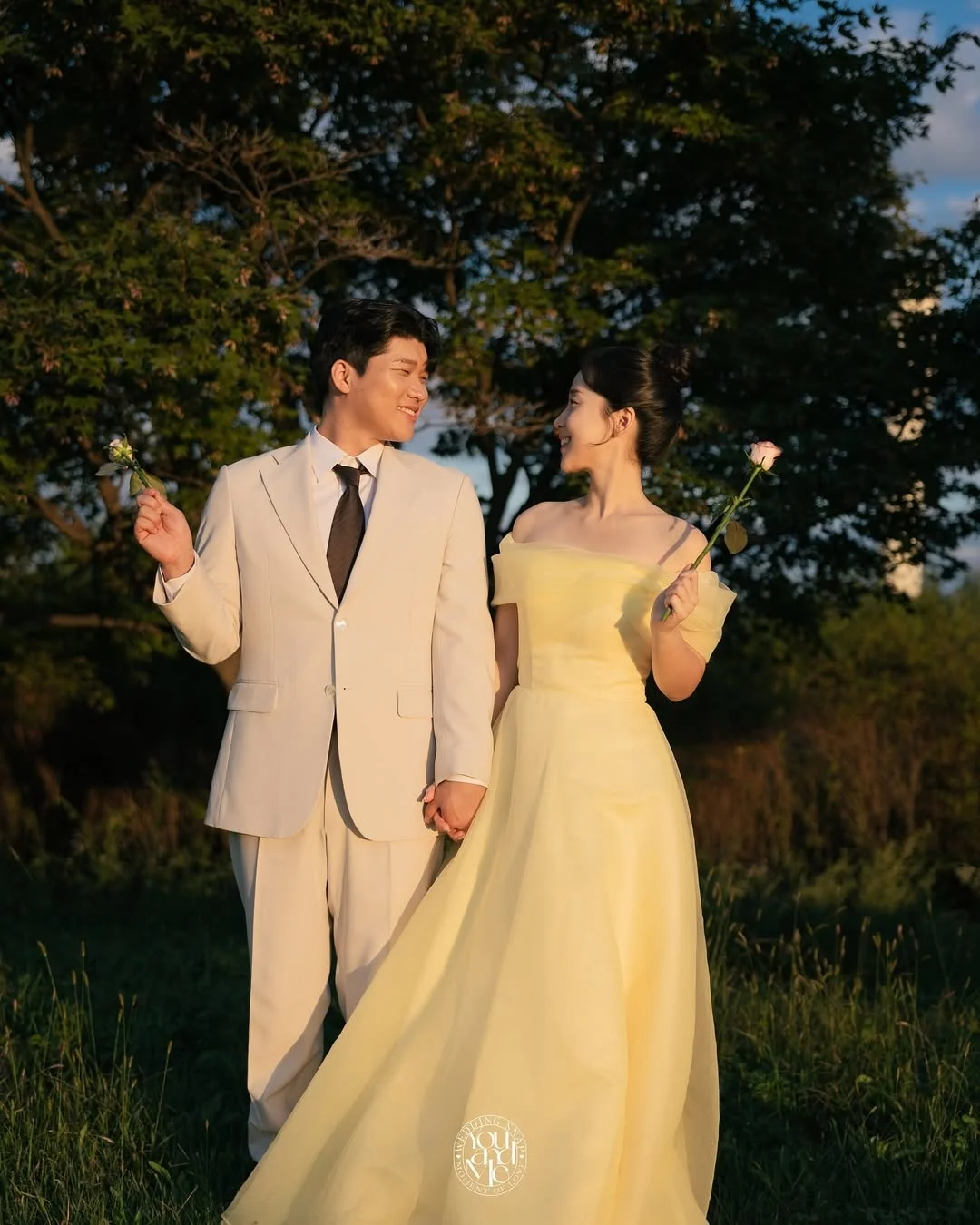 MD Abito da cerimonia nuziale con spalle scoperte giallo fata Corea Servizio fotografico Lunghezza pavimento Abito da festa di compleanno Abito da sera personalizzato 2025