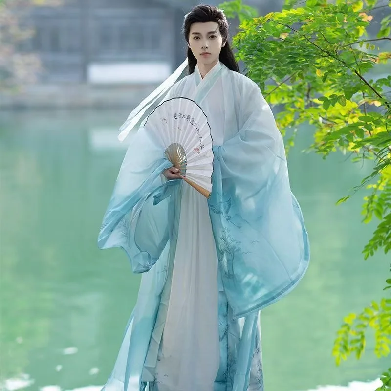 

Ancient Chinese Fairy Hanfu Dress Men Women Light Color Printing Immortal Costume Vintage Teleplays Cosplay Stage Clothing Set