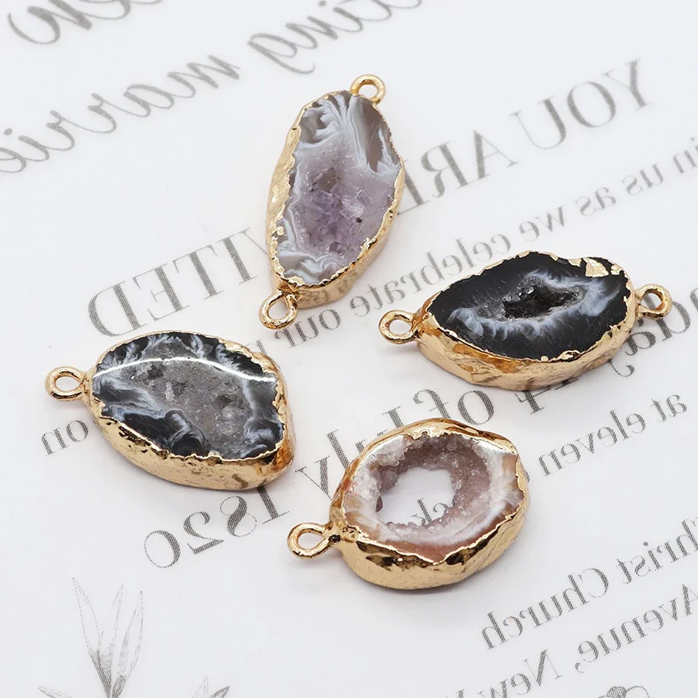 Irregular Druzy Agate Connector Pendant Natural Stone Gold Colour Edge Charms for DIY Making Necklace Bracelet Jewelry Accessory