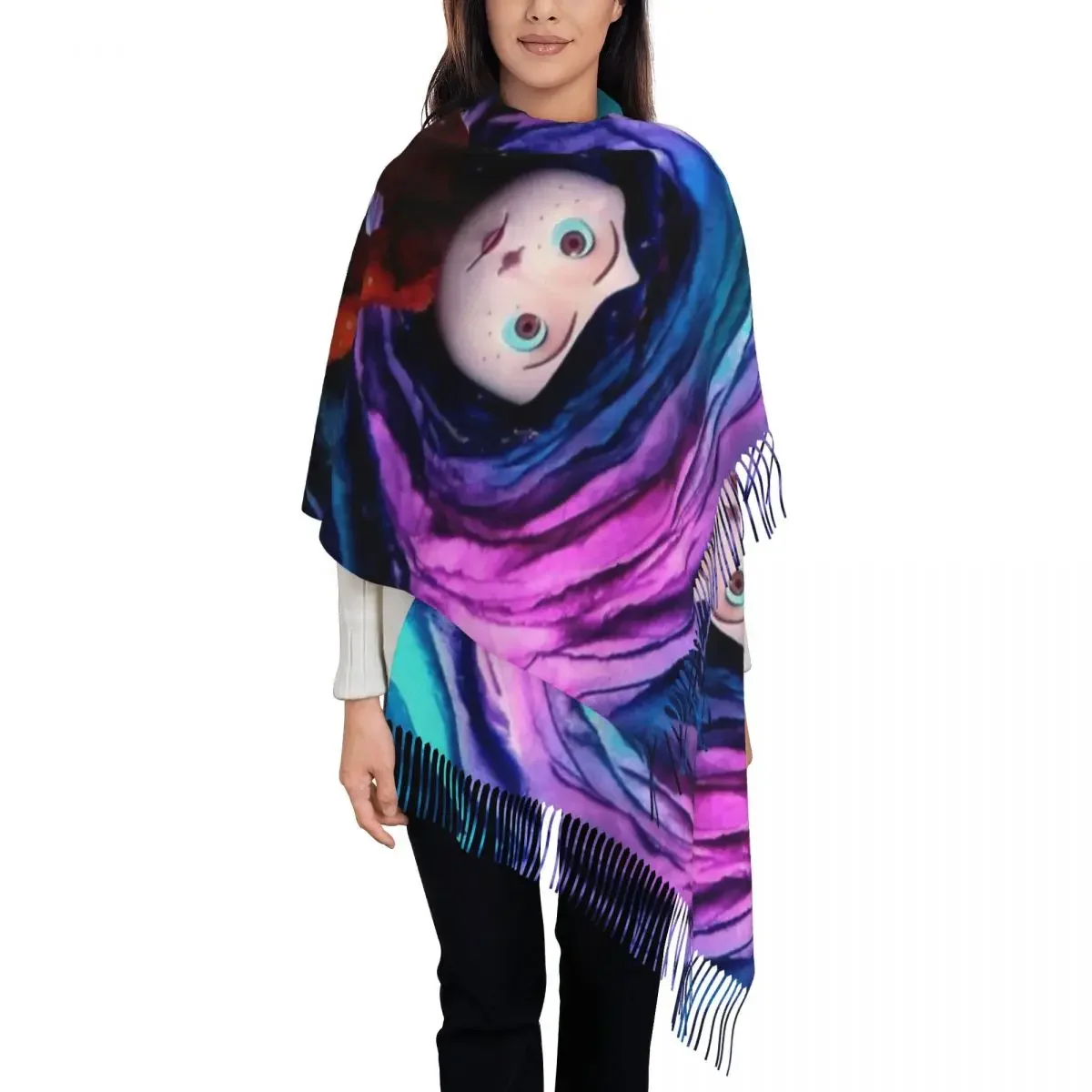 Halloween Horror Movie Coraline Tassel Scarf Women Soft Shawl Wrap Lady Winter Scarves