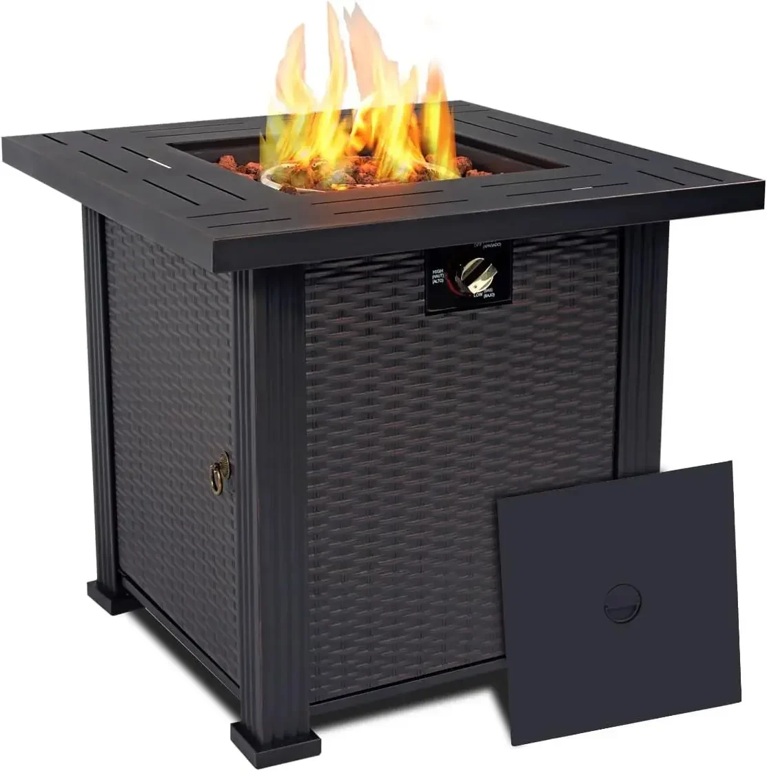 28/30'' Propane Fire Pit Table, 50,000 BTU Fire Table with Steel Lid, Big Legs, Laval Rocks.