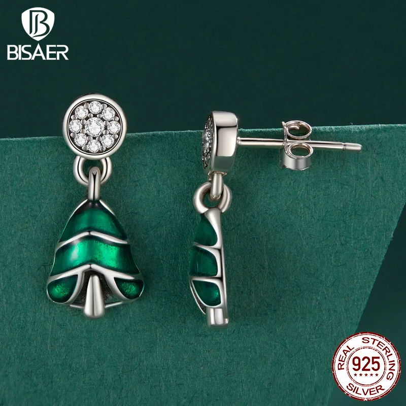 BISAER 100% 925 Sterling Silver Christmas Tree Stud Earrings Zircon Enamel Process For Woman Party Fine Jewelry Gift EFE919