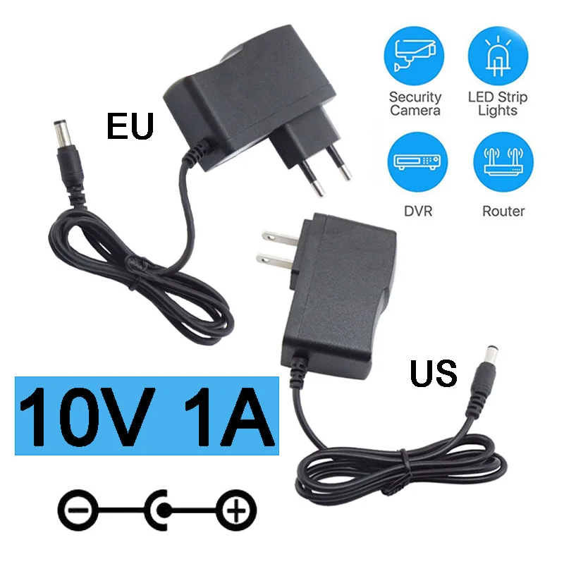 

5.5mmx2.5mm AC 100V-240V DC Power Supply Adapter Plug Converter 10V 1A 1000ma For LED Strip Light CCTV Charger Switch