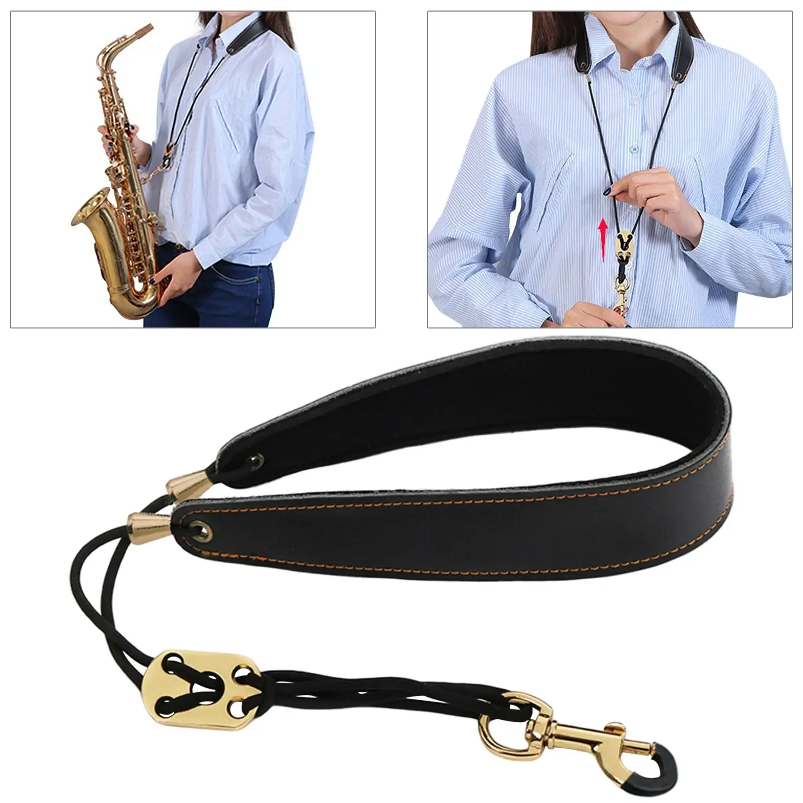 Leather Saxophone Neck Strap Music Instrument Adjustable Length Metal Hook Leather Padded for Tenor Saxophone Alto Saxophone