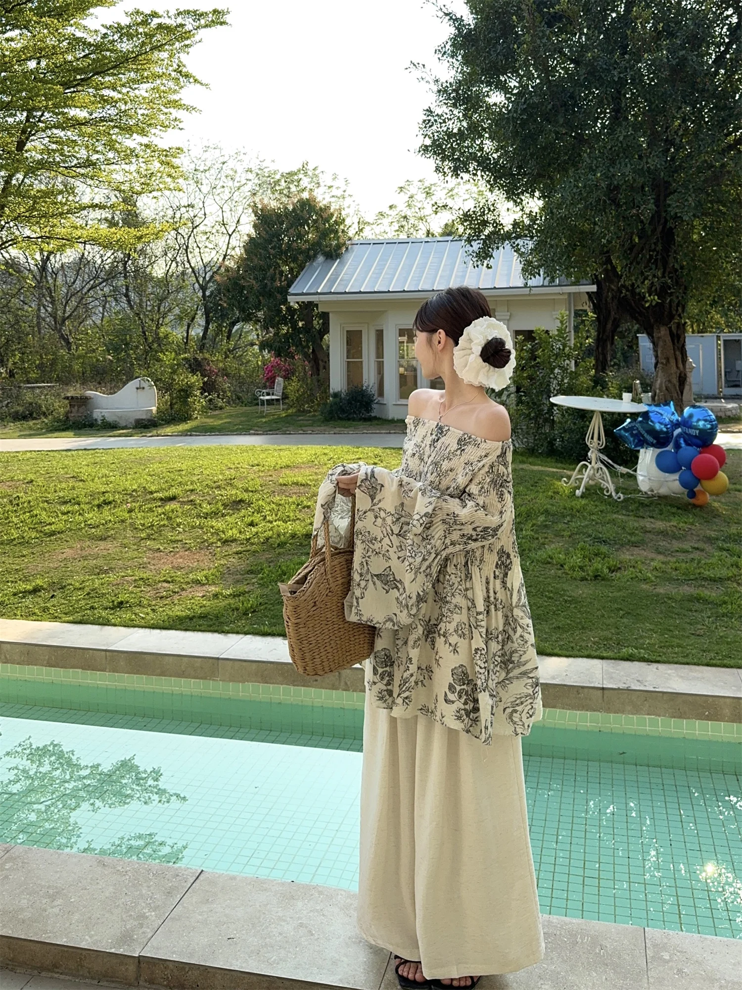 春夏スイートカジュアルシャツワンショルダーベルスリーブ新作スリムバケーションAラインシャツ