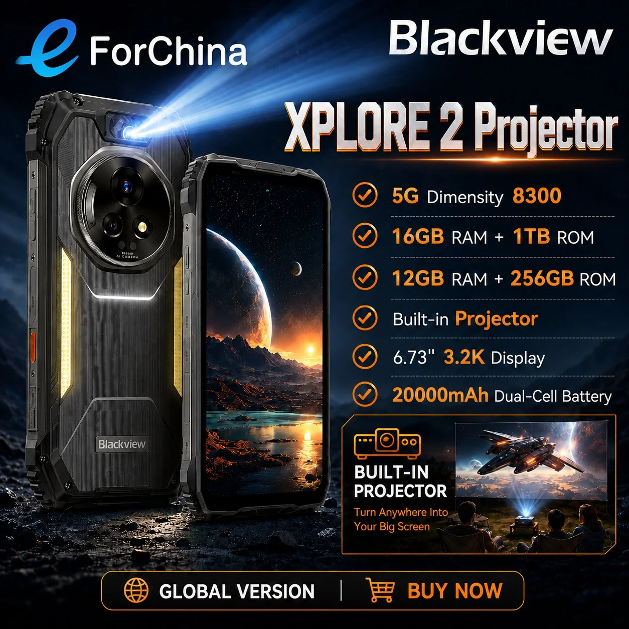 Смартфон Blackview XPLORE 2 Rugged 5G с проектором, 6.73'' 120Гц, 256ГБ/1ТБ, 20000мАч, 120Вт, камера 50МП, ночное видение, Android 15, NFC