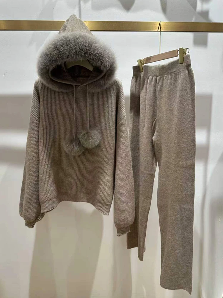 2026 Female Winter Two Piece Pant Sets Luxury Real Fox Fur Collar Hoodie Wholesale Knitted Women's Sweater Tracksuit