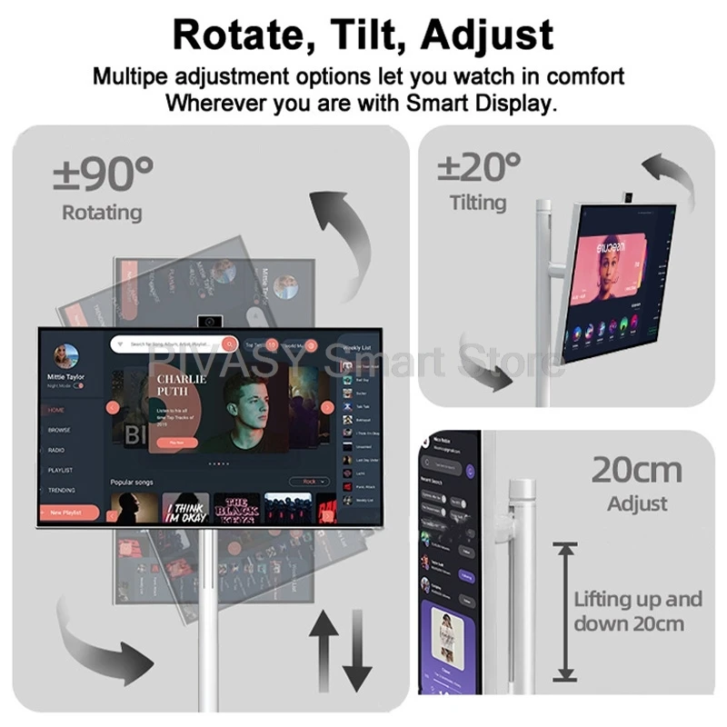 Mobile 27 Inch Battery-power Android13 Smart TV 6+128G Video Music Office Rotatable Touch Screen Movable Portable Tablet Stand